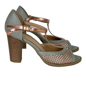 Report Meg T Strap Heels Woven Gray & Metallic Rose Gold Open Toe Block Heel 8
